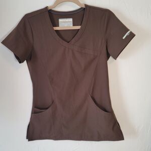 Skechers Chocolate Brown Medical Scrubs Top 3 pockets XS